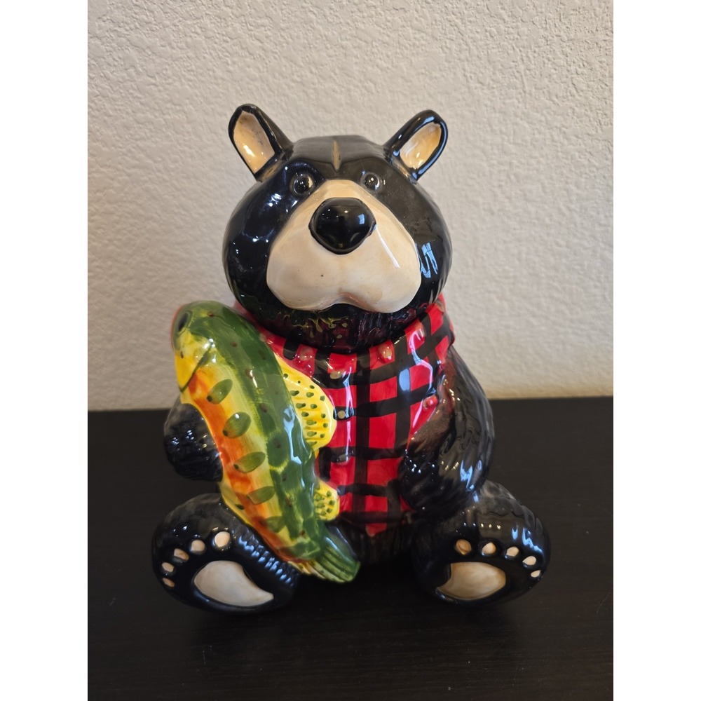 Vintage Black Bear Cookie Jar w/Fish & Plaid Jacket By Holiday Time Christmas